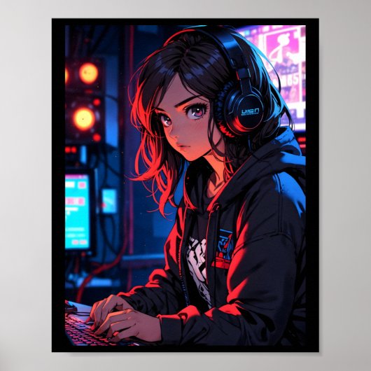 Retro Anime Meisje Gamer Cyberpunk Streaming Setup Poster (Voorkant)