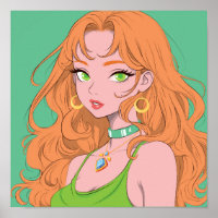 Retro Anime Meisje met Koperkleurig Haar en Groene