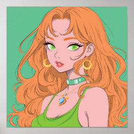 Retro Anime Meisje met Koperkleurig Haar en Groene Poster