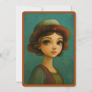 Retro Anime Mooie Vrouw Met Hoed Vintage Whimsy Feestdagenkaart