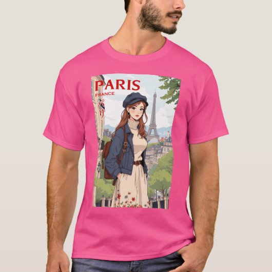 Retro anime reizende jonge vrouw in Parijs Frankri T-shirt (Voorkant)