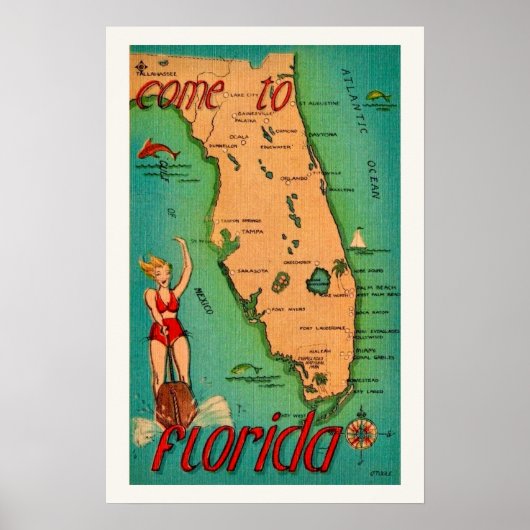 Retro ansichtkaart van Florida print (Voorkant)