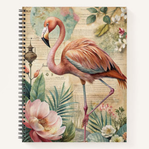 RETRO ANTIEKE UITZICHT ROZE FLAMINGO & BLOEMEN NOTITIEBOEK