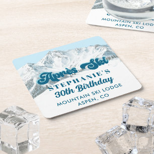 Retro Après Ski Winter Berg Verjaardagsfeestje Kartonnen Onderzetters