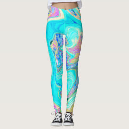 Retro Aqua Blauwe Vloeibare Kunst op Abstracte Hor Leggings