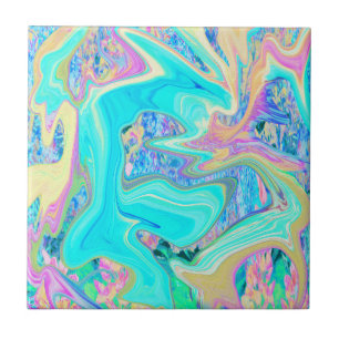 Retro Aqua Blauwe Vloeibare Kunst op Abstracte Hor Tegeltje