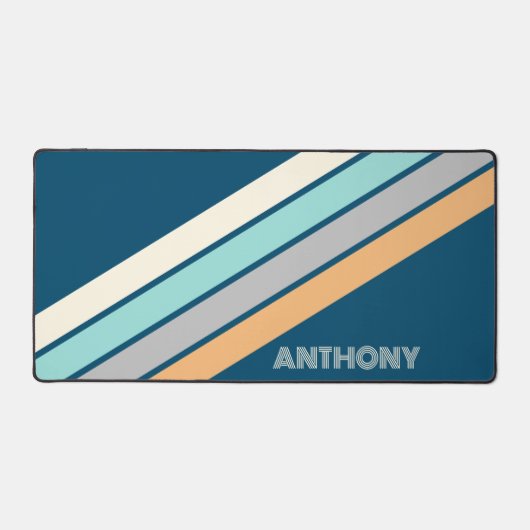 Retro Aqua Blauwgroen Blauw Geel Grijs Zwart Strep Bureaumat (Voorkant)