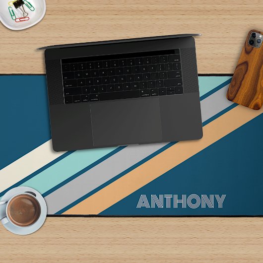 Retro Aqua Blauwgroen Blauw Geel Grijs Zwart Strep Bureaumat