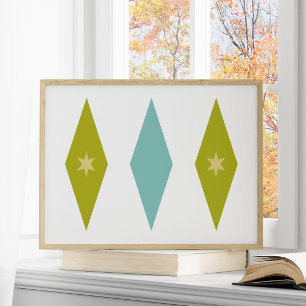 Retro Aqua Blue Green Yellow Stars Diamonds Poster