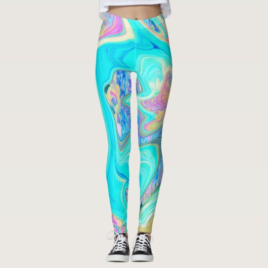 Retro Aqua Blue Liquid Art over Abstracte brandkra Leggings (Voorkant)