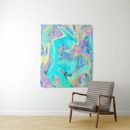Retro Aqua Blue Liquid Art over Abstracte brandkra Wandkleed