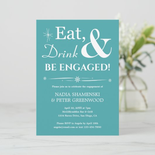 Retro Aqua Eat Drink wordt verloofd Verlovingsfees Kaart (Staand voorkant)