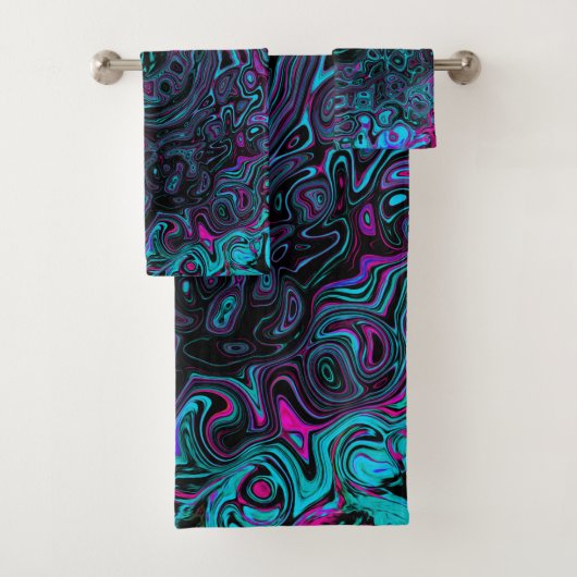 Retro Aqua Magenta en Black Abstract Swirl Bad Handdoek (Insitu)