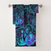 Retro Aqua Magenta en Black Abstract Swirl Bad Handdoek (Insitu)