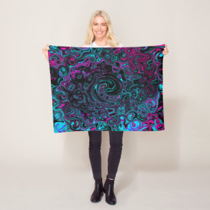 Retro Aqua Magenta en Black Abstract Swirl Fleece Deken