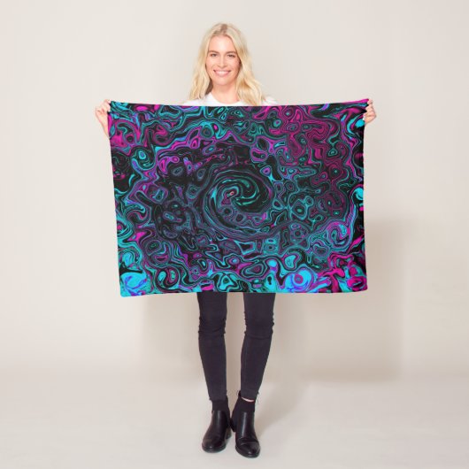 Retro Aqua Magenta en Black Abstract Swirl Fleece Deken (In situ)