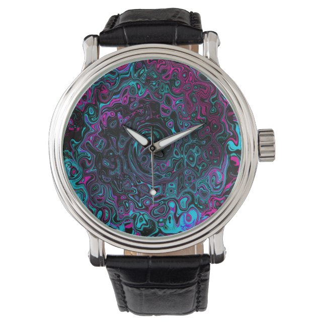 Retro Aqua Magenta en Black Abstract Swirl Horloge (Voorkant)