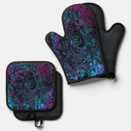 Retro Aqua Magenta en Black Abstract Swirl Ovenwant & Pannenlap Set