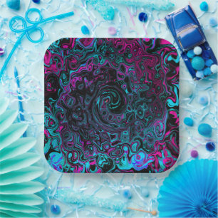 Retro Aqua Magenta en Black Abstract Swirl Papieren Bordje
