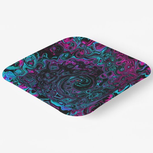 Retro Aqua Magenta en Black Abstract Swirl Papieren Bordje (Gebogen)