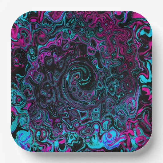 Retro Aqua Magenta en Black Abstract Swirl Papieren Bordje (Voorkant)