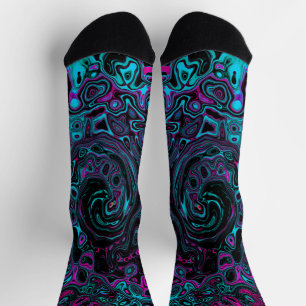 Retro Aqua Magenta en Black Abstract Swirl Sokken