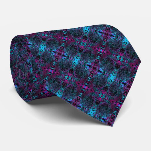 Retro Aqua Magenta en Black Abstract Swirl Stropdas (Opgerold)
