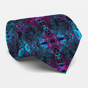 Retro Aqua Magenta en Black Abstract Swirl Stropdas
