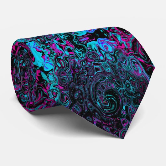 Retro Aqua Magenta en Black Abstract Swirl Stropdas (Opgerold)