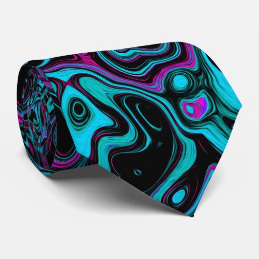 Retro Aqua Magenta en Black Abstract Swirl Stropdas (Opgerold)