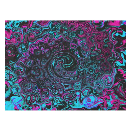 Retro Aqua Magenta en Black Abstract Swirl Tafelkleed (Voorkant (Horizontaal))