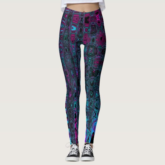 Retro Aqua Magenta en zwarte Abstracte golven Leggings (Voorkant)