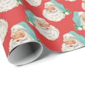 Retro Aqua Santa op rood kerstinpakpapier Cadeaupapier (Rol Hoek)