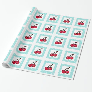 Retro Aqua Stippen Cherries Cadeaupapier