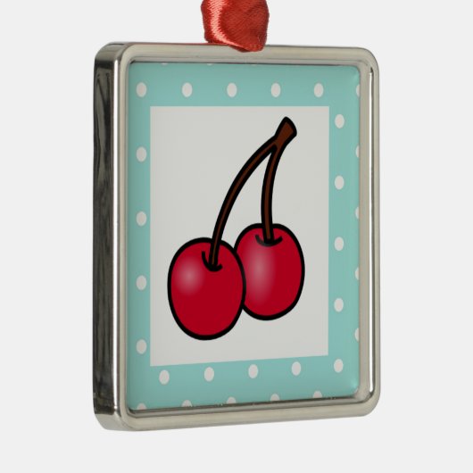 Retro Aqua Stippen Cherries Metalen Ornament (Rechts)