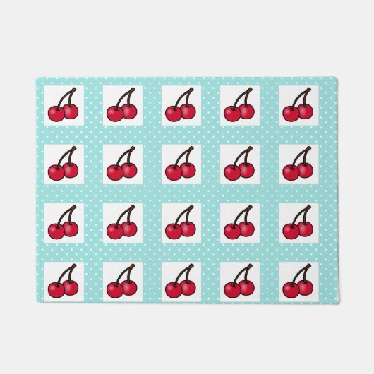 Retro Aqua Stippen en Cherries Deurmat (Voorkant)