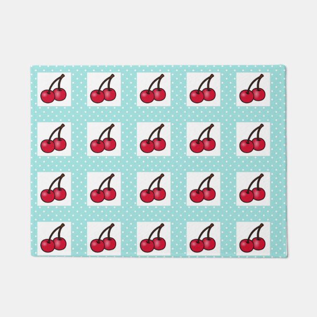 Retro Aqua Stippen en Cherries Deurmat (Voorkant)