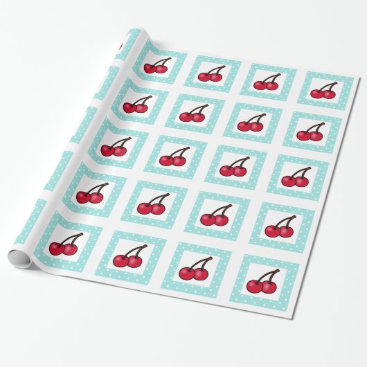 Retro Aqua Stippen Kersen Cadeaupapier (Uitgerold)