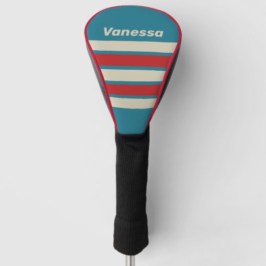 Retro Aqua Surf Over Strepen met Naam Golfheadcover (Voorkant)