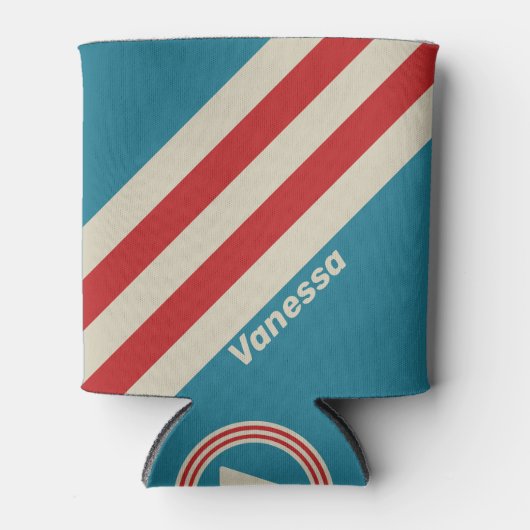 Retro Aqua Surf Strepen met Naam Blikjeskoeler (Voorkant)