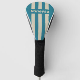 Retro Aquamarijn Drie Pin Strepen met Naam Golfheadcover