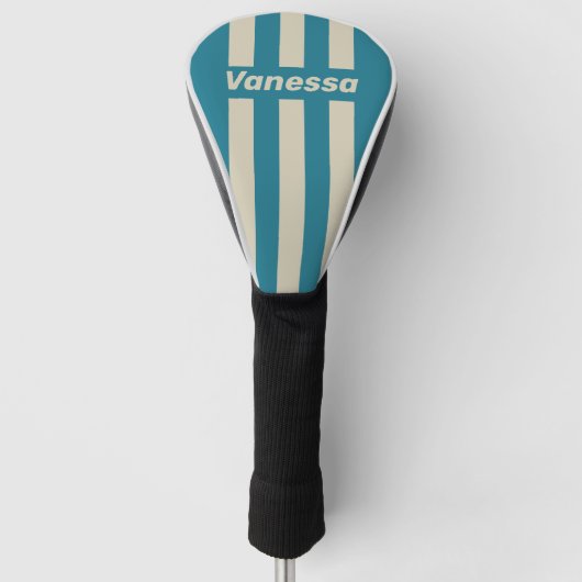Retro Aquamarijn Drie Pin Strepen met Naam Golfheadcover (Voorkant)