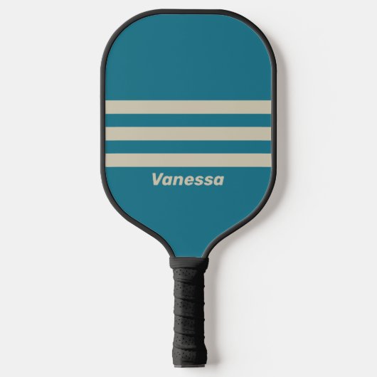 Retro Aquamarijn Drie Strepen Dwars met Naam Pickleball Paddle (Voorkant)