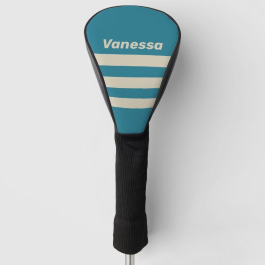 Retro Aquamarijn Drie Strepen met Naam Golfheadcover (Voorkant)