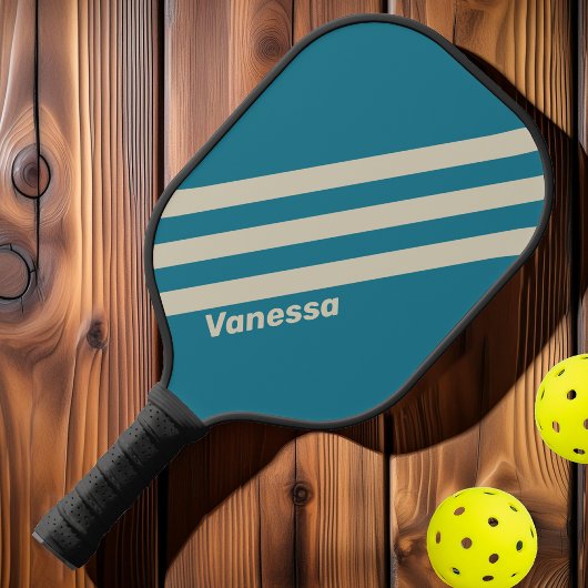 Retro Aquamarijn Drie Strepen met Naam Pickleball Paddle