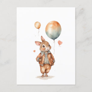 Retro aquarel Klein konijnenjongen met ballonnen Briefkaart