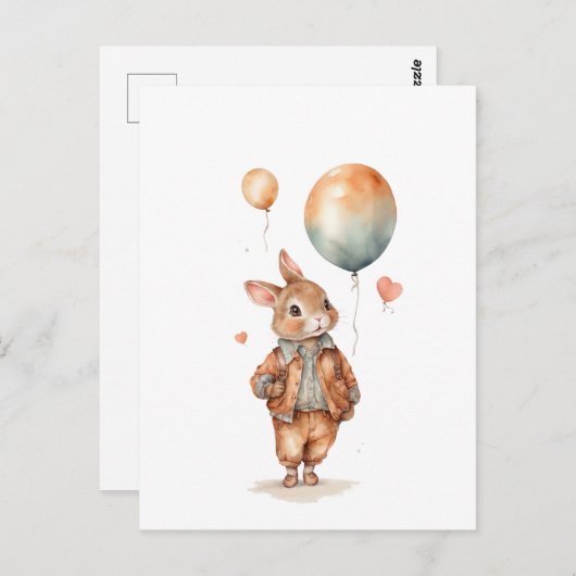 Retro aquarel Kleine konijnenjongen met ballonnen Briefkaart (Voorkant / Achterkant)