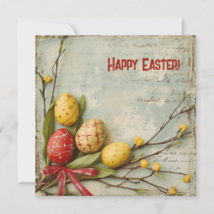 Retro aquarel rode en gele paaseieren feestdagenkaart