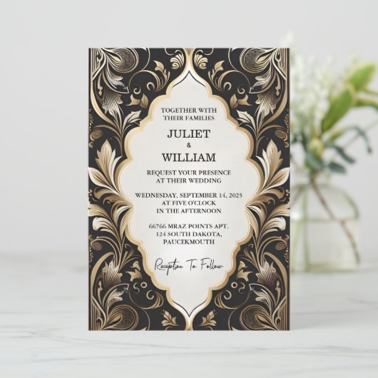  Retro Arabisch Exotisch Bold Damask Bruiloft Kaart (Staand voorkant)