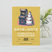 Retro arcade bruiloft save the date (Staand voorkant)